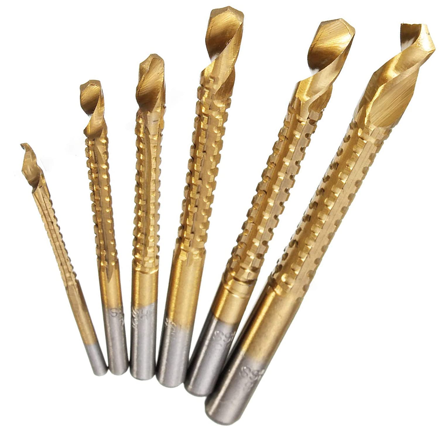 Bestgle 6pcs HSS Twist Drill Bits, 3-8mm Titanium Coated Serrated Grooving Cutting Carpenter Side Cutting Tap Spiral Saw Drill Bit Woodworking Wood Metal Plastic Hole Holesaw Tool
