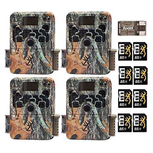 Four Browning Strike Force HD 850 Trail Cameras (16MP, Camo) with 8X 8GB Memory Cards and Focus USB Reader