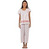 Casual Nights Women's Short Sleeve Top with Capri Pants Pjs Floral Border Capri Pajama Set