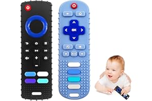 ERSIHUA 2-Pack Silicone Baby Teething Toys, TV Remote Teethers for 6-12-18 Months Infant, Fire Stick Remote Control Shape Baby Silicone Teethers, Chew Toys for Boys and Girls (New-F Black+R Blue)