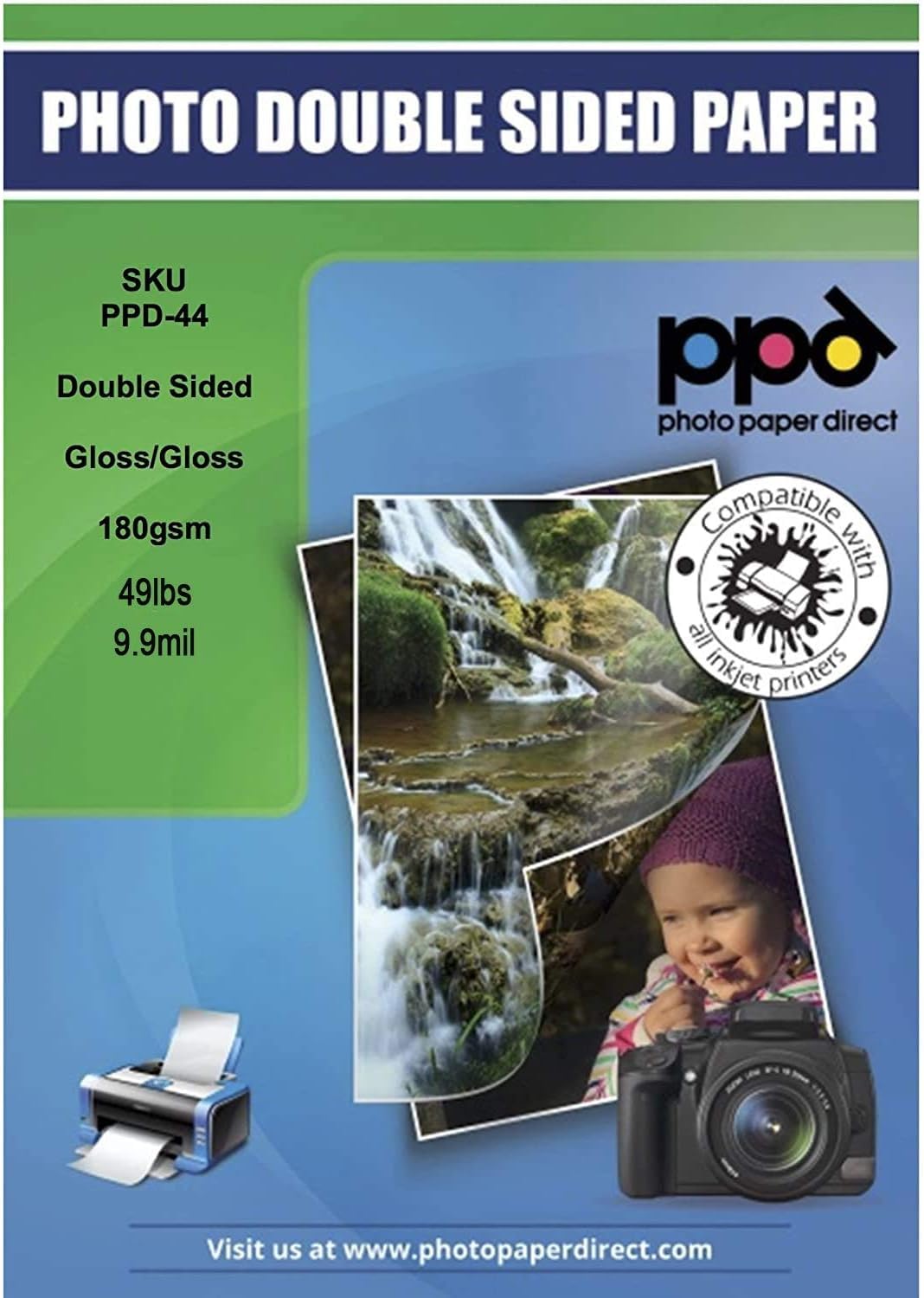 PPD Double Sided Photo Paper, Glossy Brochure Paper A4, 8.5 x 11 for Inkjet Printer, 180 GSM, 9.9 mil Thick for Magazine, Flyer, Presentation, Program, Instant Dry & Water Resistant (50 Sheets)