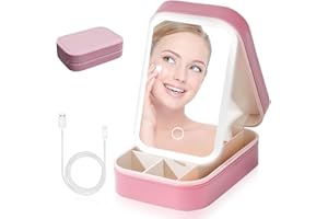 Senbos Travel Makeup Bag with LED Light Up Mirror, 3 Color LED Adjustable Brightness Waterproof Cosmetic Bag Train Case Makeup Organizer Bag Portable Makeup Box Jewelry Storage for Women Girls