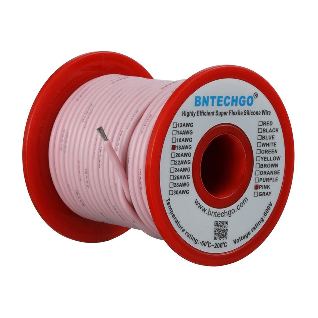 BNTECHGO 18 Gauge Silicone Wire Spool Pink 100 ft Ultra Flexible High Temp 200 deg C 600V 18 AWG Silicone Rubber Wire 150 Strands of Tinned Copper Wire Stranded Wire for Model Low Impedance