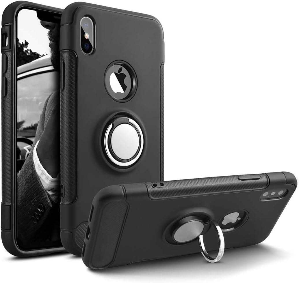 Lamzu iPhone Xs Max Case/XS Max Case, Shock Absorption Soft Case with 360°Rotation Finger Ring Grip Holder Kickstand [Work with Magnetic Car Mount] for iPhone Xs Max,Black