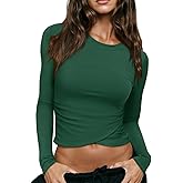 LASLULU Womens Sexy Crossover Crop Top Long Sleeve Workout Tops Crewneck Athletic Yoga T-Shirts Fall Outfits