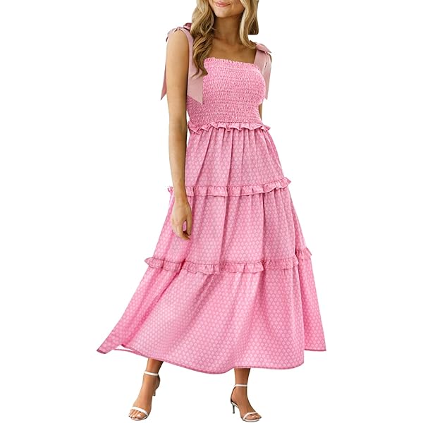 Imily Bela Womens Summer Floral Maxi Dress Boho Tie Strap Sleeveless Smocked  A Line Beach Sundress Long Dresses Light Pink at Amazon Women's Clothing  store