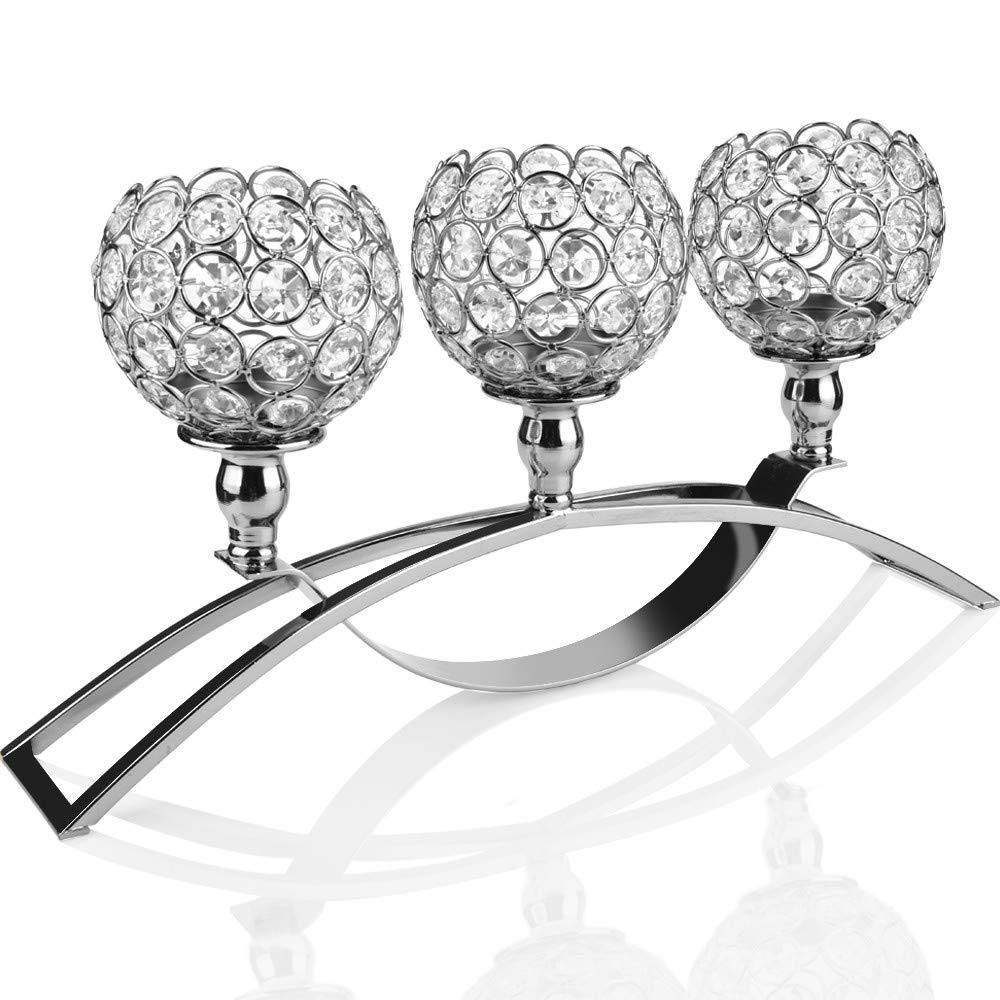 Chenway Creative Three Crystal Pillar Candle Holder,Hollow-Carved Design Candlestick - Functional Table Decorations- Centerpieces for Dining/Living Room[Ship from USA Directly] (Silver)