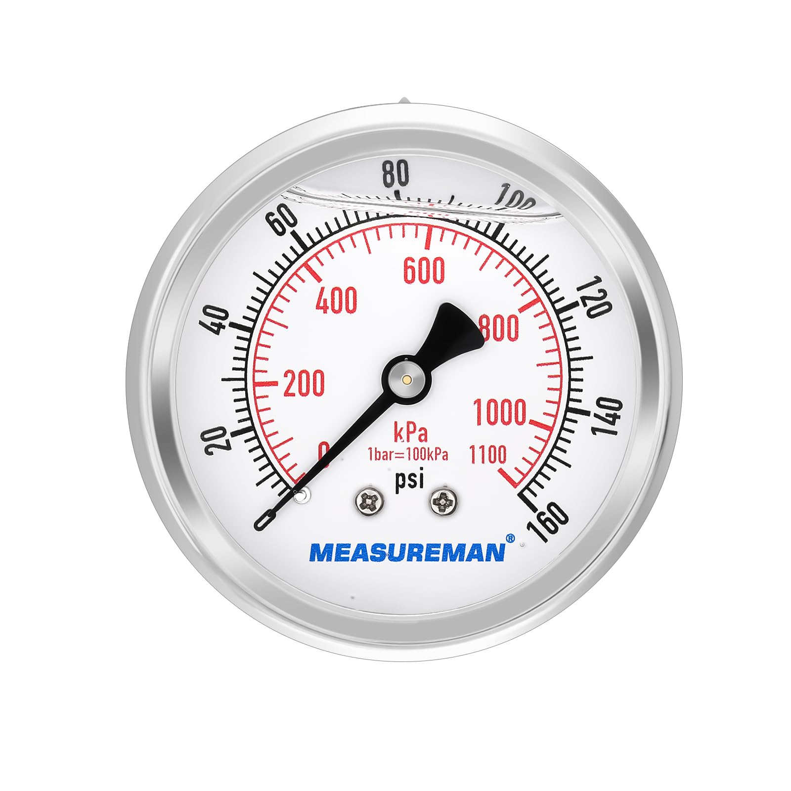 Photo 1 of MEASUREMAN 2-1/2" Dial Size, Glycerin Filled Pressure Gauge, 0-160psi/kpa, 304 Stainless Steel Case, 1/4" NPT Center Back Mount