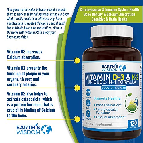 image for Earth's Wisdom Vitamin D3 5000 IU with K2 (MK7) Formula. Bone & Heart 