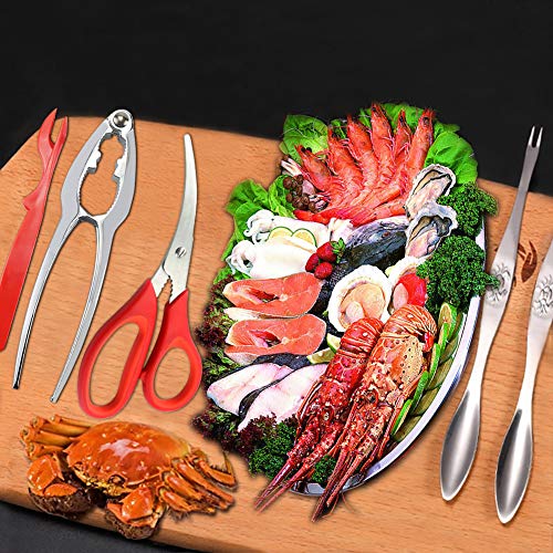Professional Seafood Tools Picks Set Crackers Tools, 2 Nut Crackers + 1 Scissor + 6 Red Picks + 5 Stainless Steel Forks Kitchen Easy-opener Picnic Tools for Lobster, Crab Claws and Other Crustaceans