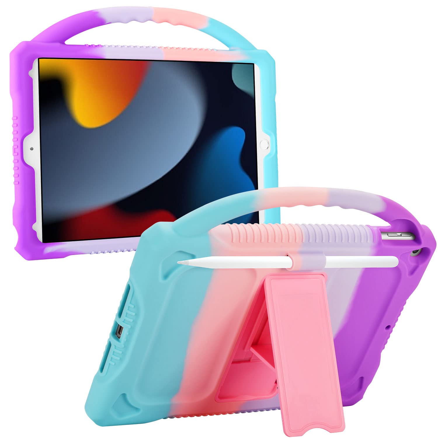 JOGUIIA Kids Case for iPad 10.2,Premium Silicone Shockproof Kids Cover for iPad 10.2inch 2021/2020/2019,Built-in Stand Handle for Apple iPad 9th 8th 7th Generation(Multicolor)