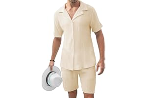 KUYIGO Men's 2 Pieces Beach Outfit Cotton Set Short Sleeve Button Down Shirts Beach Shorts Summer Casual Outfits