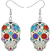 TIZURO Halloween Acrylic Floral Sugar Skull Earrings Punk Rock Designer Dangle Novelty Jewelry For Women Skull Lovers Charms Party Gifts