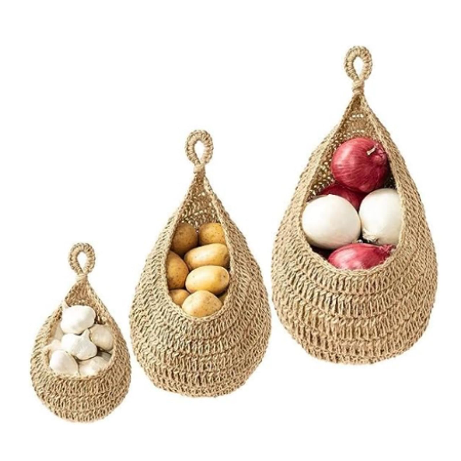 Pack of 3 Hanging Basket, Fruit Basket Handwoven Teardrop Hanging Baskets Wall Hanging Vegetable and Fruit Basket, Wall Hanging Basket, Kitchen Basket for Garlic, Fruit, Vegetables, Wall(Brown)