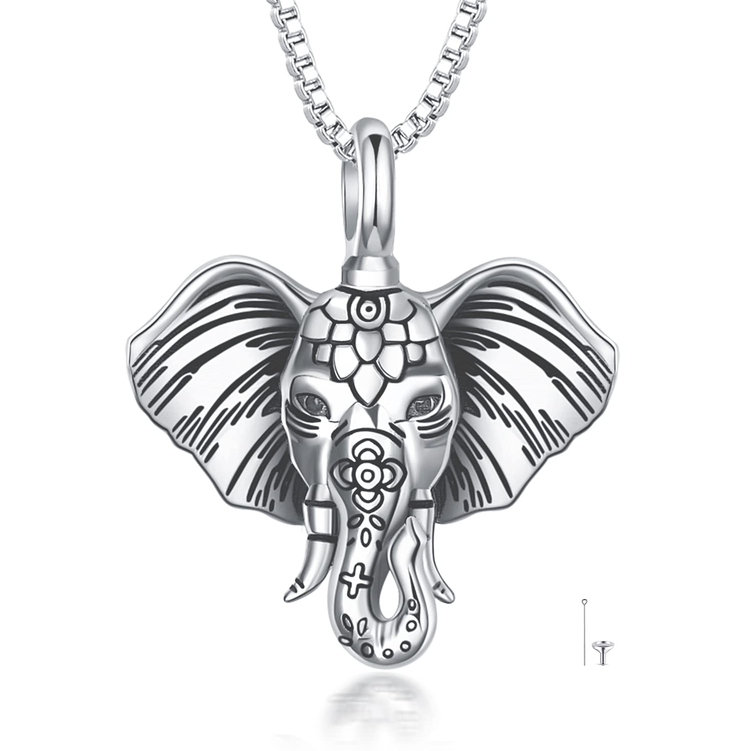 POPLYKE Urn Necklaces for Ashes Sterling Silver Elephant Head Cremation Urn Necklaces Lucky African Animal Memorial Keepsake with Filling Tool (20")