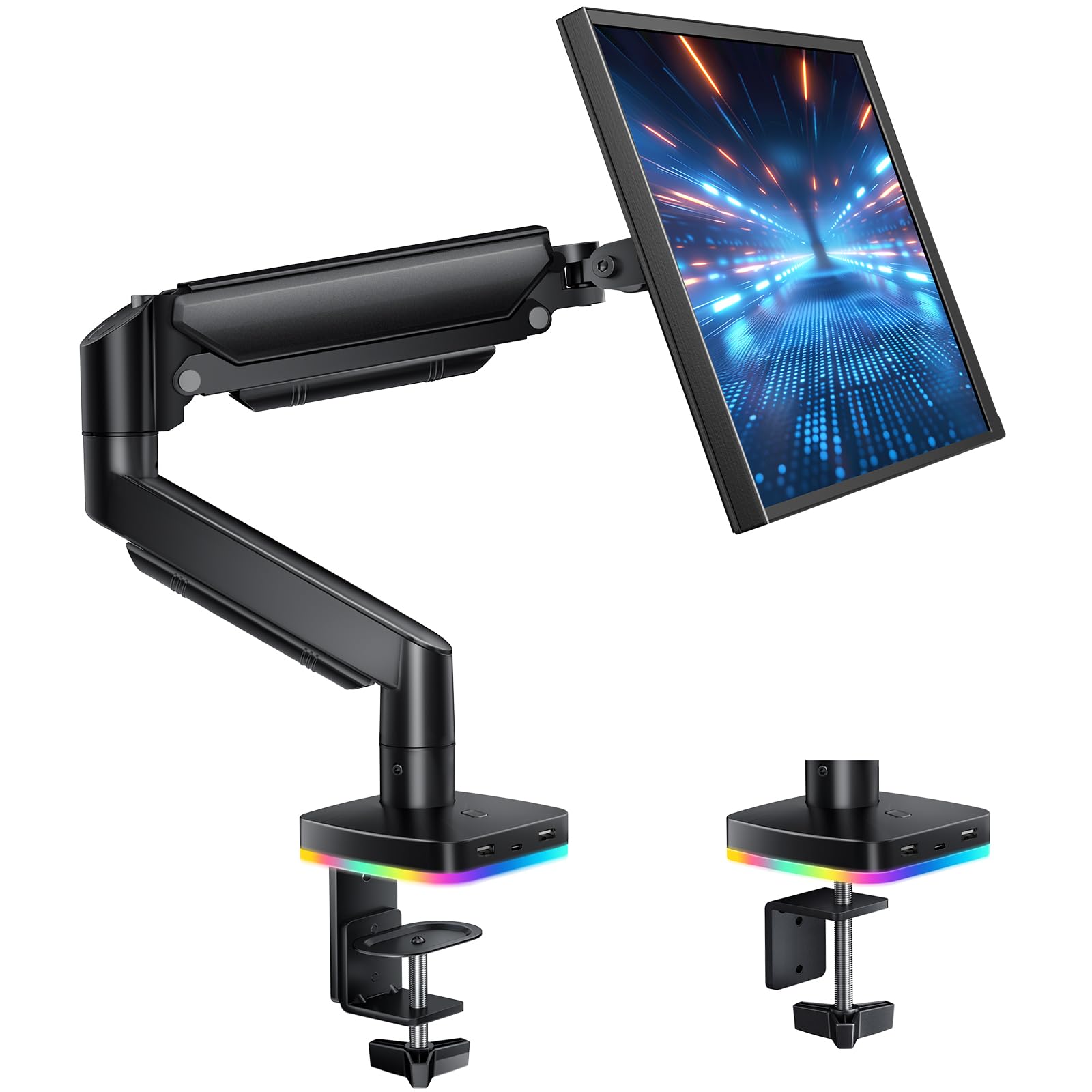 Photo 1 of RGB Single Monitor Arm Desk Stand Gas Spring Computer Adjustable Monitor Mount for 13-32 inch Screens with RGB USB & USB-C High Speed Data Transfer C Clamp & Grommet Bases 75x75/100x100 VESA