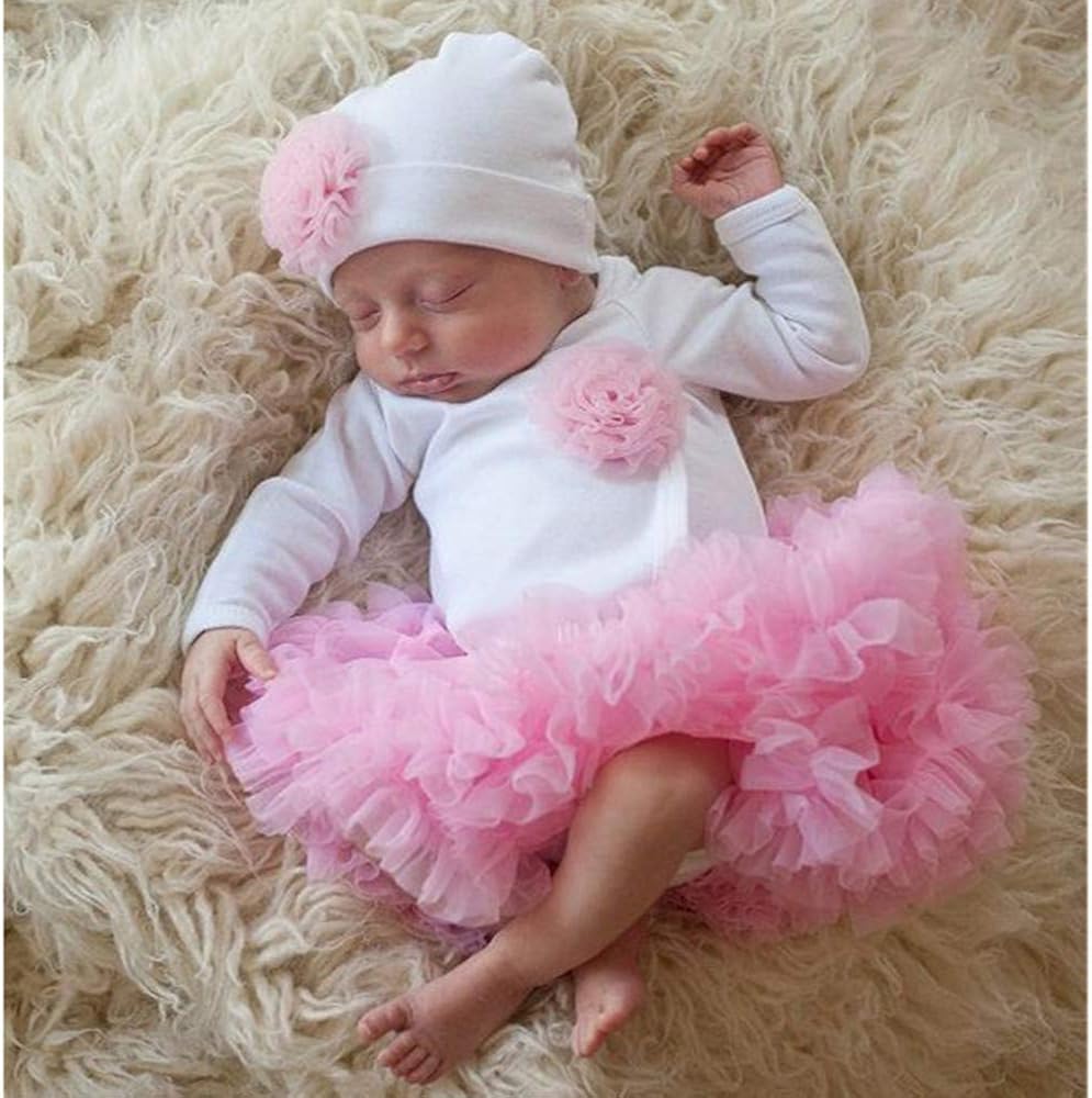 Toddler Infant Baby Girls Flower Romper Tops Tutu Skirt Hat Outfits Clothes Set