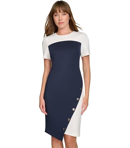 Tommy Hilfiger Women's Sleeveless Striped Scuba Crepe Sheath Mini Dress, Ivory/Black/Khaki, 2 at Amazon Women's Clothing store