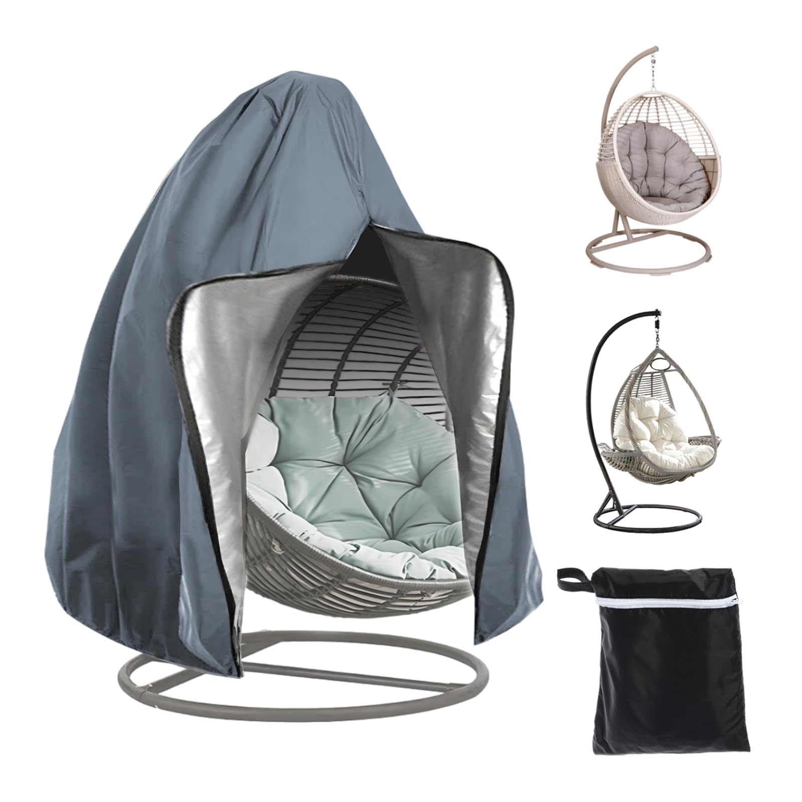 Patio Hanging Chair Cover with Zipper, Waterproof Wind-Proof Anti-UV Swing Egg Chair Cover, Oxford fabric Heavy Duty Outdoor Wicker Single Seat Egg Chair Covers, 190 x 115 cm (Grey)