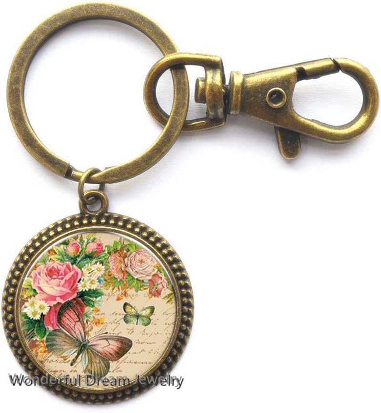 Rose Butterfly Crystal Glass Key Ring Keychain Jewelry Butterfly Keychain, Simple Keychain,Handmade Keychain，PU009 (Brass)