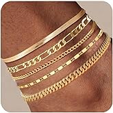 Plus Size Gold Ankle Bracelets for Women Big Ankles, Adjustable Ankle 14K Real Gold Plated Cuban Link Chain Figaro Snake Herringbone Extra Large Anklet Bracelets,Summer Beach Foot Jewelry 10-12inch