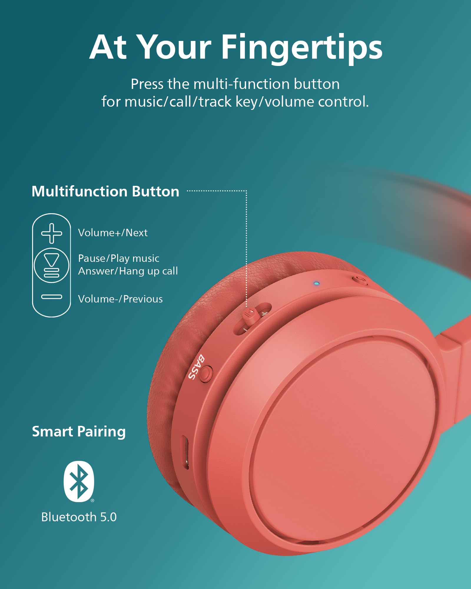 PHILIPS H4205 Wireless Headphone,On-Ear Bluetooth Headphone with BASS Boost,Quality Sound,32mm Drivers,29-Hour Battery Life,Fast Charging,Lightweight,Adjustable Cushioned Headband,Soft Ear Cups,Red