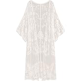 Romanstii Women's Lace Cardigan Floral Crochet Sheer Beach Cover Ups Long Kimono