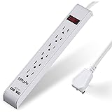 TiFFCOFiO 6-Outlet Surge Protector Power Strip, Extension Cord with 2 USB Ports, Flat Plug, 1000 Joules, Overload Protection,