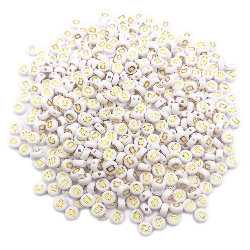 500PCS 4x7mm Acrylic Letter Beads D for Friendship Bracelets Jewelry Making, White Flat Round Acrylic with Golden Alphabet Beads for DIY Crafts Bracelets Necklaces Key Chains Phone Lanyard