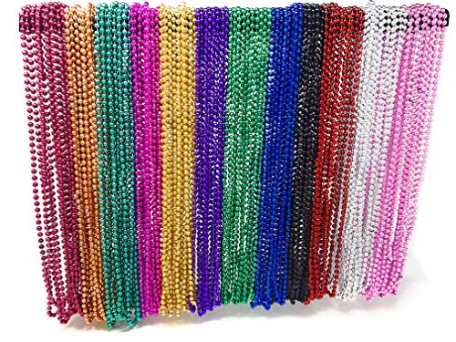 4E's Novelty Bulk 144 (12 Dozen) Mardi Gras Beads Necklaces 33 Inches Long 6mm Thick Round Metallic, 12 Colors, Great for Party Favor Necklaces, Gasparilla Costume Accessory Supplies