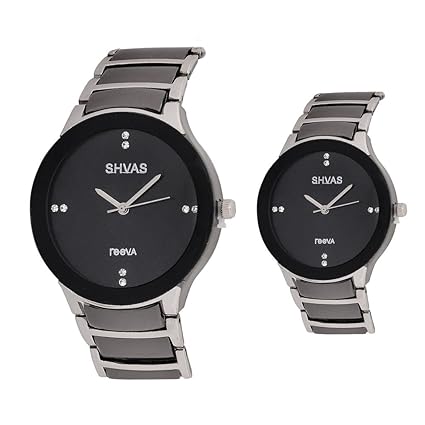 SHVAS Black Dial Elegant & Exquisite Couple Combo Watch with 6 Months Replacement Warranty [REEVABLKSILC]