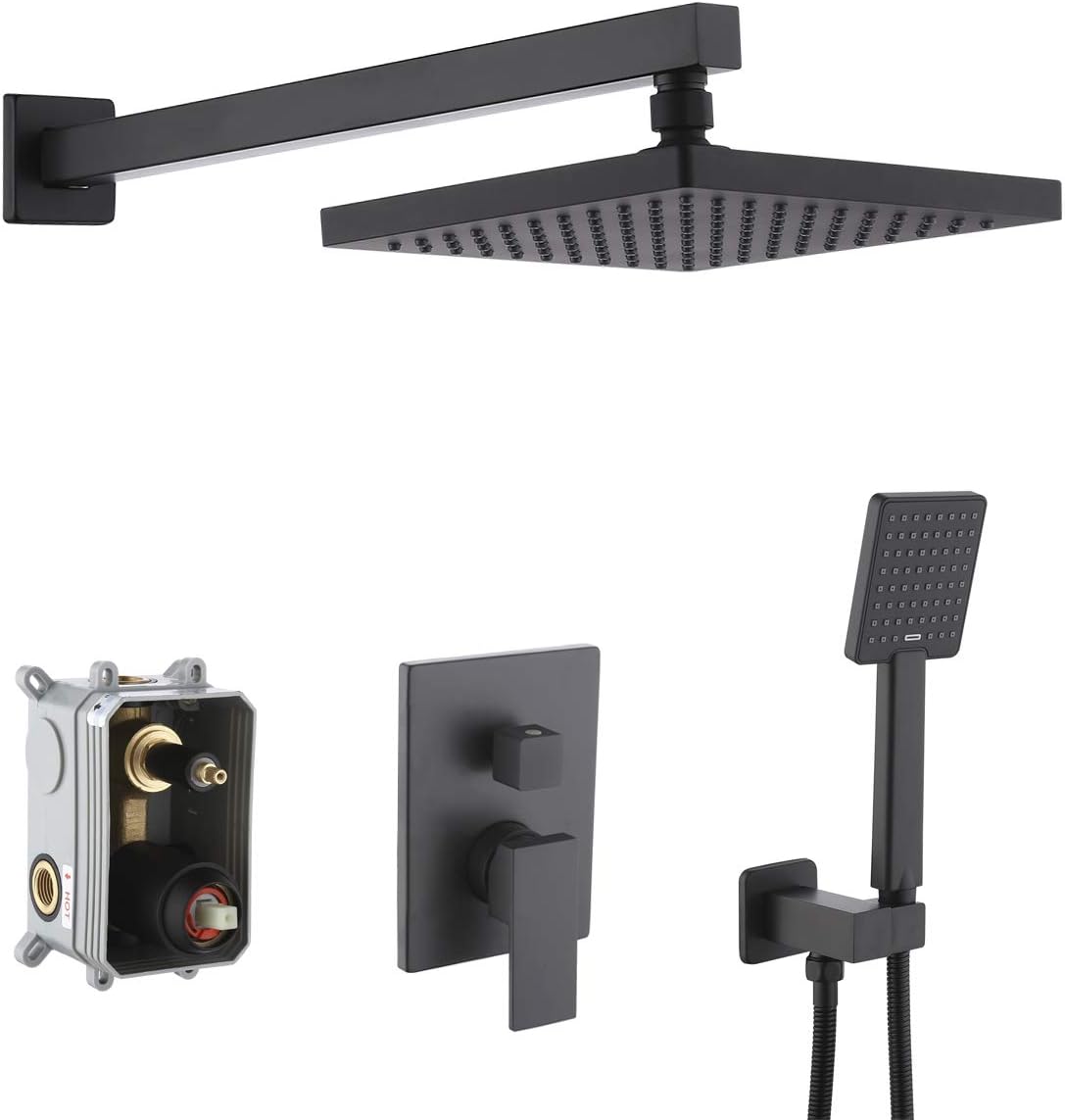 KES Shower System Bathroom Rainfall Shower Head Rain Mixer Shower Combo Set Wall Mount Matte Black (Including Shower Faucet Rough-In Valve Body and Trim), XB6223-BK - - 