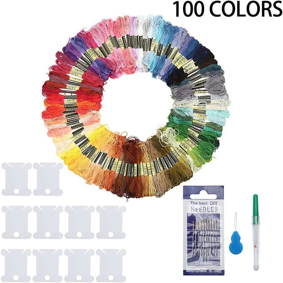 100 Skeins Embroidery Threads,Embroidery Floss, Cross Stitch Threads,Friendship Bracelets Thread,Crafts Floss Rainbow Color with Free Embroidery Needles, Floss Bobbins for Kids Adults Beginners
