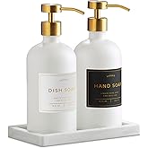 Glass Soap Dispenser Set of 2 (White) with Silicone Tray | Hand and Dish Soap Dispenser for Kitchen and Bathroom | 16.8 Oz Glass Bottles with Stainless Steel Pump & 15 Waterproof Labels (White/Gold)