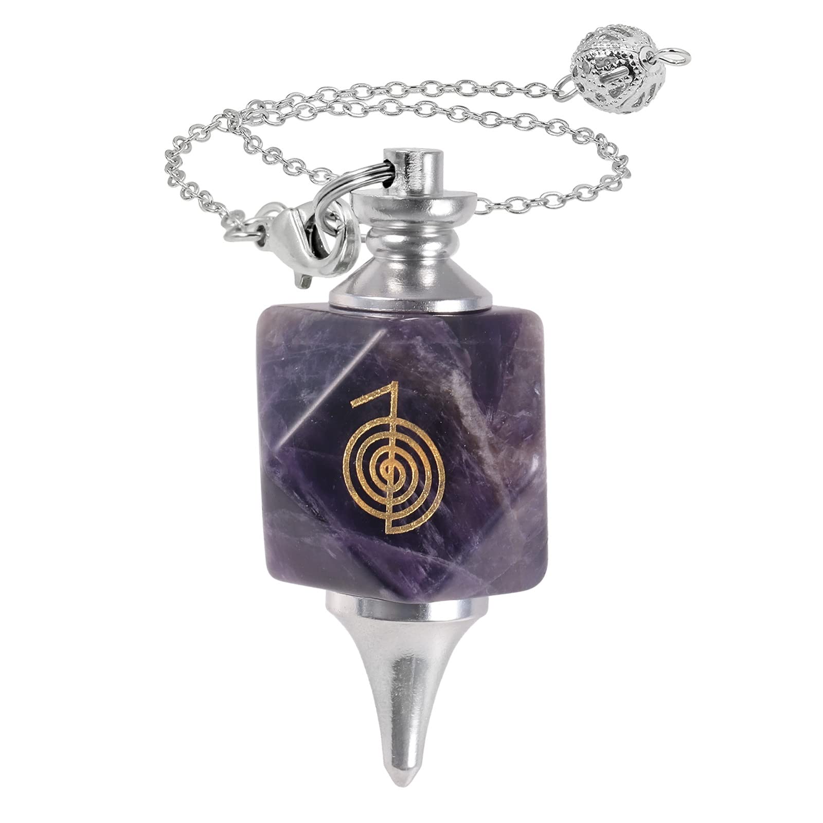 mookaitedecor Natural Amethyst Crystal Pendulum with Reiki Symbol for Scrying Dowsing Divination Meditation, Cho Ku Rei Reiki Symbol Pendant Healing Crystal Pendulum Divination Tool Witchcraft Gift