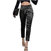 heipeiwa Womens Satin Pants Casual Dress High Waist Bow-Knot Cropped Paper Bag Pants