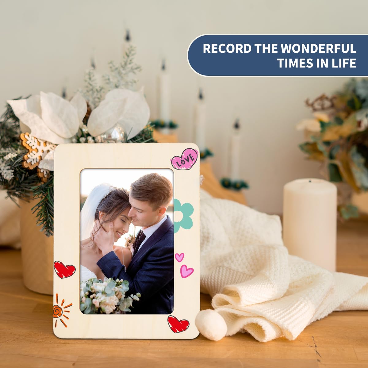 Picture Frame Painting Craft Kit for 4 * 6 Photo,10Pcs DIY Unfinished Wooden Picture Frames with 12Pcs Painting Color Pen 4 Sheets Crystal Diamond Stickers for DIY Craft