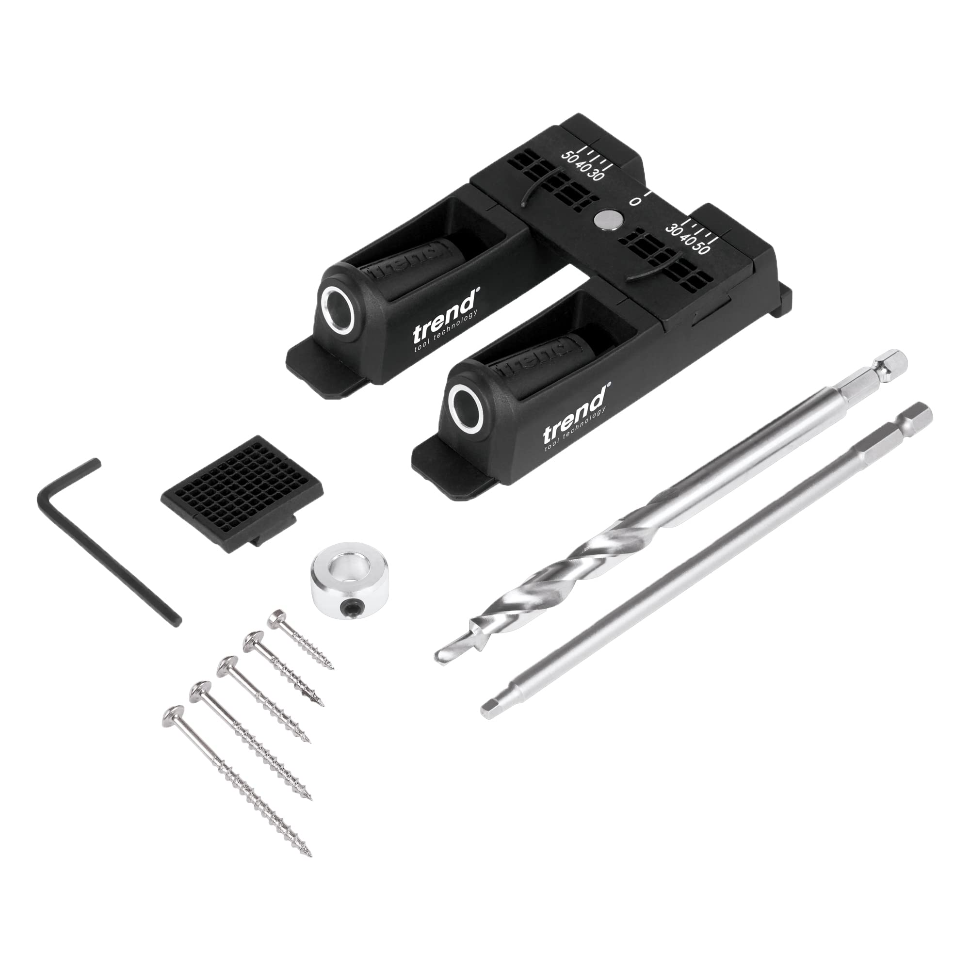 Trend 3 in 1 Pocket Hole Jig Kit with Pocket Hole Jig, HSS Drill Bit & Depth Setting Collar, Square Drive Bit, 50 Screws & Kit Storage Case, PH/JIG/BK
