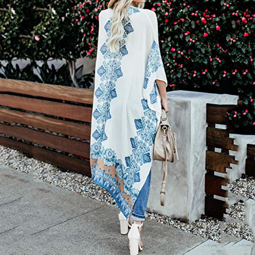 Women China Print Loose Long Bohe Maxi Bat-Wing Sleeve Cover-up Kimono Cardigan