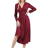 Womens Wrap V-Neck Empire Waist Lantern Long Sleeve Ruched Elegant Midi Dress