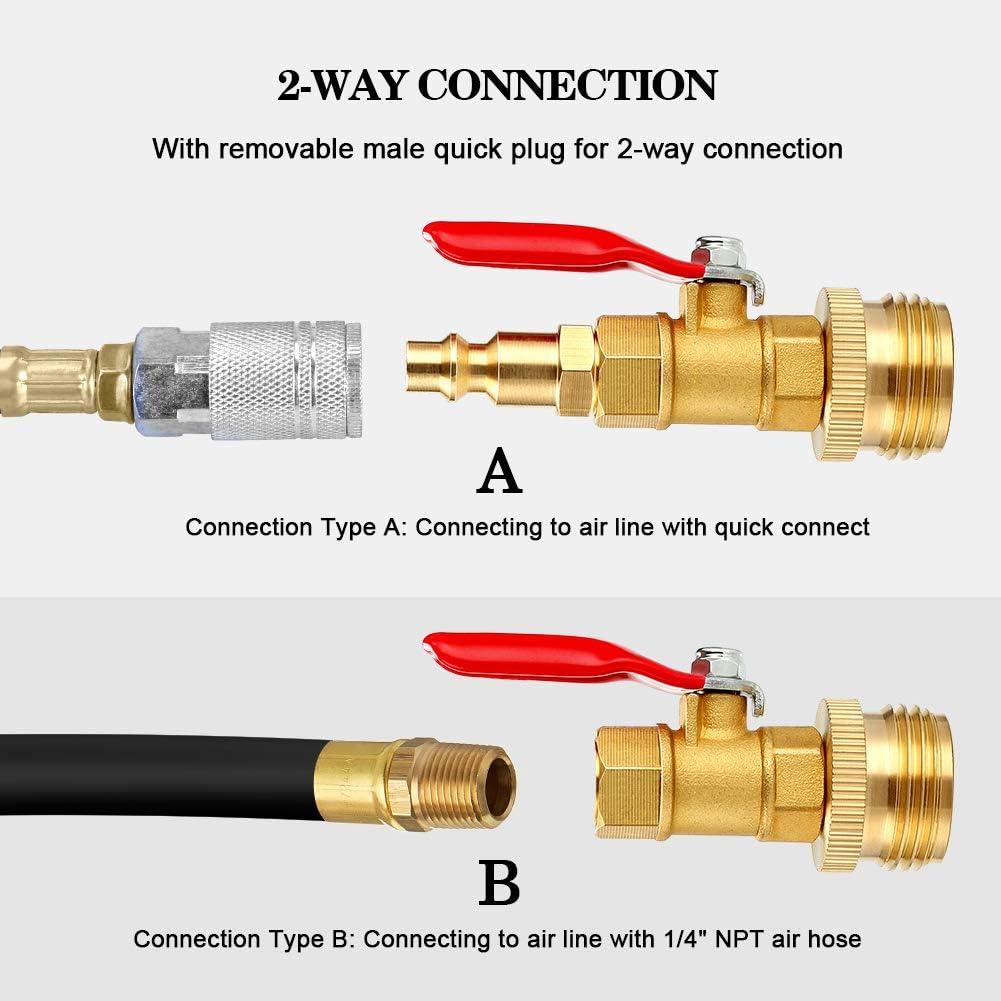 Dual Purpose Winterize Adapter with Quick Plug&3/4" GHT Thread, Brass Made Winterizing Quick Fitting with Ball Valve, Easy Blow Out Water to Winterize RV/camper/boat/trailer/Garden Hose Water Lines - - 