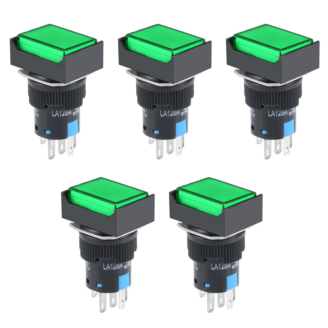 Sourcingmap 5Pcs 16mm Momentary Push Button Switch Green LED Light Rectangular Button 1 NO 1 NC