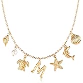 NEKOL Initial M Charm Necklace For Women, Boho Gold Summer Beach Surfer Letter Necklace Starfish Seashell Pearl Turtles Dolphin Charms Pendant, Trendy Pendant Alphabet Choker Necklace Jewelry Gifts