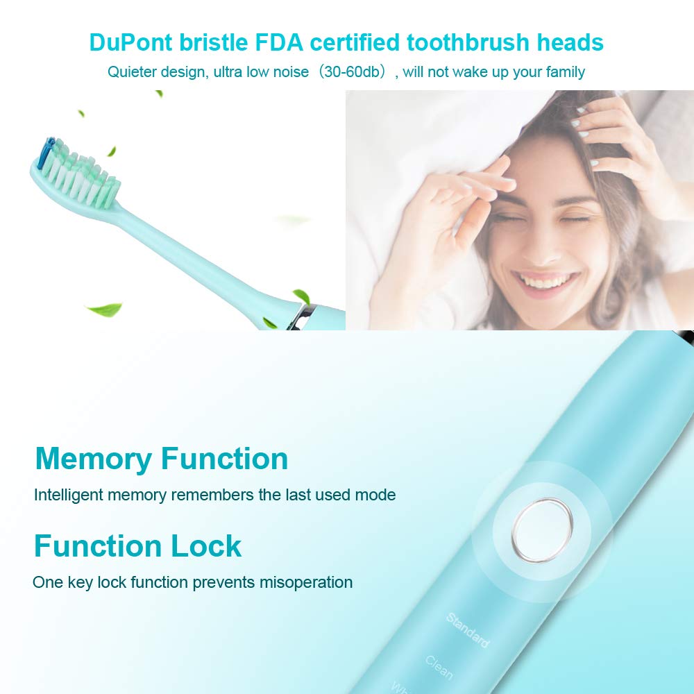 Sonic Toothbrush, IPX8 Waterproof Electric Toothbrush, Low Noise 5Modes 5 Hours Charge for 100Days Use Rechargeable Sonicare with 2 Replacement Heads for Teenager Adult