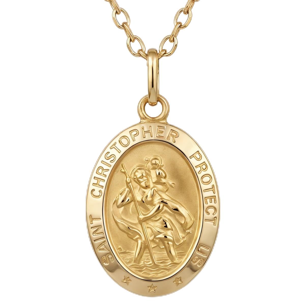 Alexander Castle Solid 9ct Gold St Christopher Pendant Necklace - with 18" 9ct Gold Chain & Jewellery Gift Box - 'SAINT CHRISTOPHER PROTECT US' Engraving