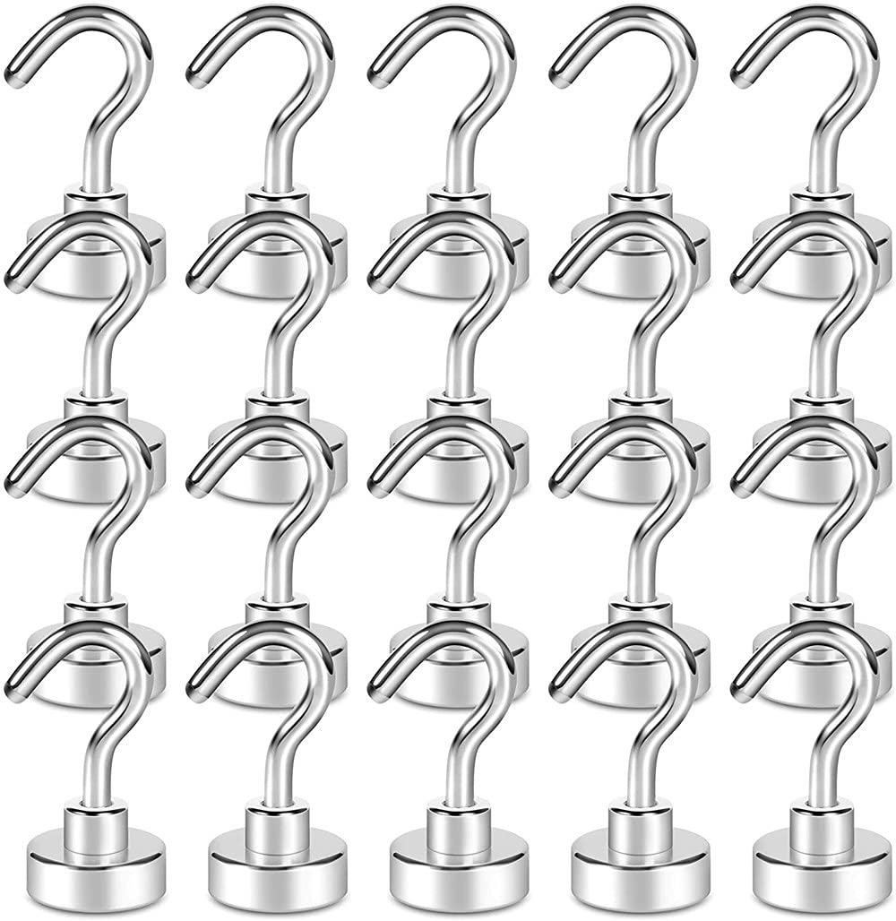 20 x Magnetic Hooks, Super Hooks, Neodymium Magnetic Hooks, Heavy Duty, Very Suitable for Hanging, Camping and Workshop (5.5g)