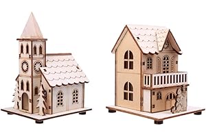 Kisangel 2pcs Led Light Wooden Cottage Ornaments for Christmas Holiday Light Up Wood House Xmas Decorations Tabletop Desk Chalet Decorations
