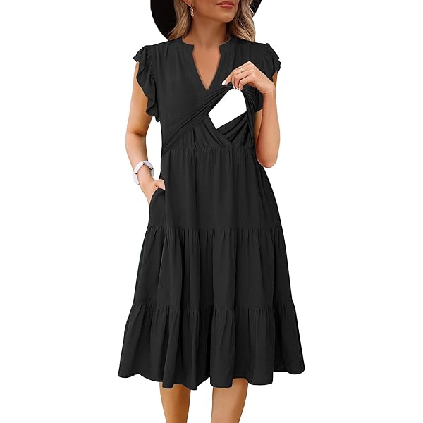 CzzzyL Womens Nursing Dress Casual Round Neck Flutter Short Sleeve Wear for  Pregnant Ruffle Plus Size Flowy Modern Breast Feeding(Black,Small) at  Amazon Women's Clothing store