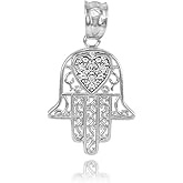 Fine 925 Sterling Silver CZ-Accented Heart Filigree-Style Hamsa Charm Pendant