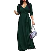 FANDEE Women's 2026 Maxi Dress - Solid Color Bohemian Summer Long Maxi Dress V-Neck 3/4 Sleeve